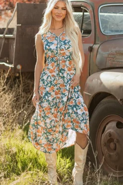 Discount Dear-Lover Floral Print Trimmed V Neck Tie Waist Sleeveless Holiday Long Dress Green