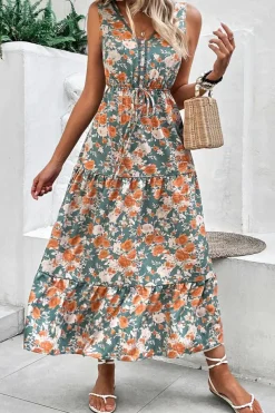 Discount Dear-Lover Floral Print Trimmed V Neck Tie Waist Sleeveless Holiday Long Dress Green