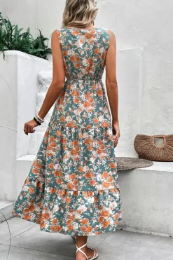 Discount Dear-Lover Floral Print Trimmed V Neck Tie Waist Sleeveless Holiday Long Dress Green