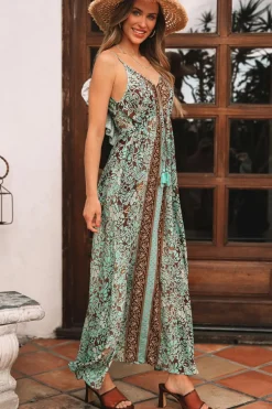 Best Dear-Lover Floral Print V Neck Ruffled Trim Backless Tassel Waist Maxi Dress Green