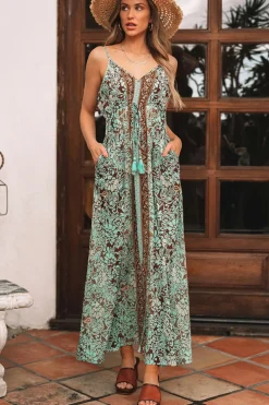 Best Dear-Lover Floral Print V Neck Ruffled Trim Backless Tassel Waist Maxi Dress Green