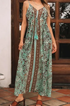 Best Dear-Lover Floral Print V Neck Ruffled Trim Backless Tassel Waist Maxi Dress Green