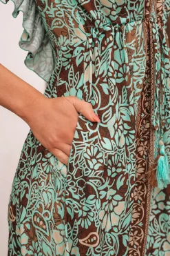Best Dear-Lover Floral Print V Neck Ruffled Trim Backless Tassel Waist Maxi Dress Green