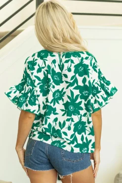 Discount Dear-Lover Floral Printed Ruffled Short Sleeve Round Neck Loose Blouse Green