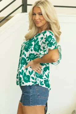 Discount Dear-Lover Floral Printed Ruffled Short Sleeve Round Neck Loose Blouse Green