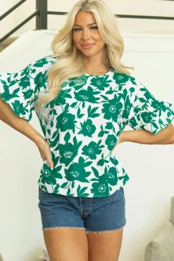 Discount Dear-Lover Floral Printed Ruffled Short Sleeve Round Neck Loose Blouse Green