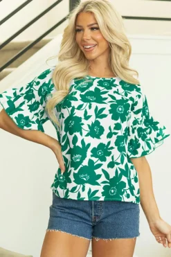 Discount Dear-Lover Floral Printed Ruffled Short Sleeve Round Neck Loose Blouse Green