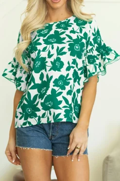 Discount Dear-Lover Floral Printed Ruffled Short Sleeve Round Neck Loose Blouse Green