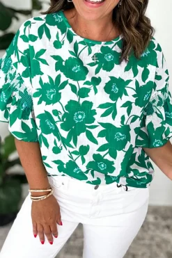Discount Dear-Lover Floral Printed Ruffled Short Sleeve Round Neck Loose Blouse Green