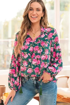 Best Dear-Lover Floral Printed Tied Collar Puff Sleeve Blouse Green