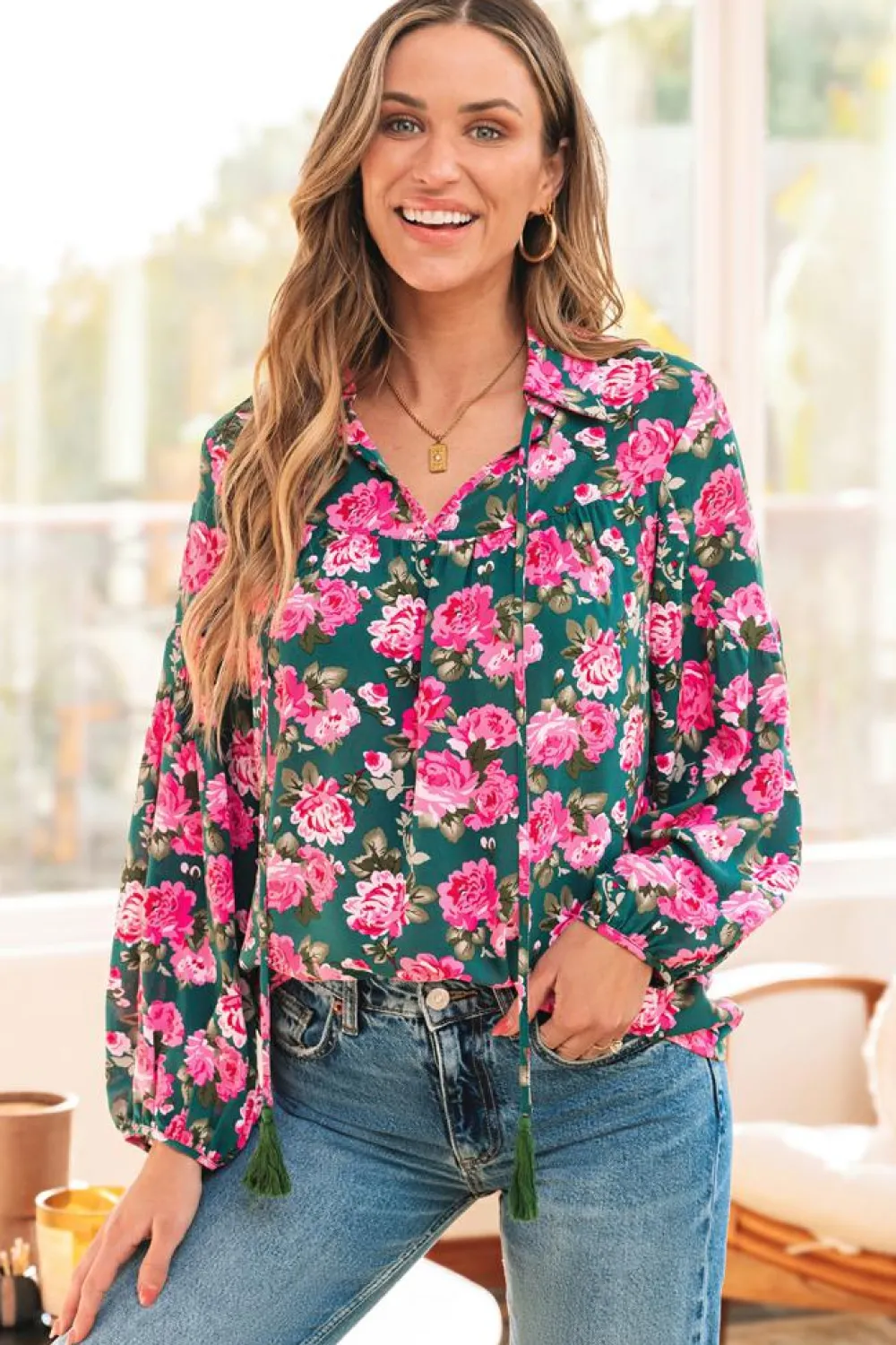 Best Dear-Lover Floral Printed Tied Collar Puff Sleeve Blouse Green