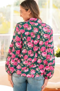Best Dear-Lover Floral Printed Tied Collar Puff Sleeve Blouse Green