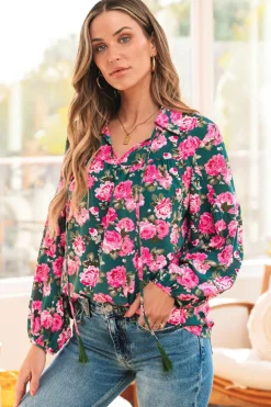 Best Dear-Lover Floral Printed Tied Collar Puff Sleeve Blouse Green