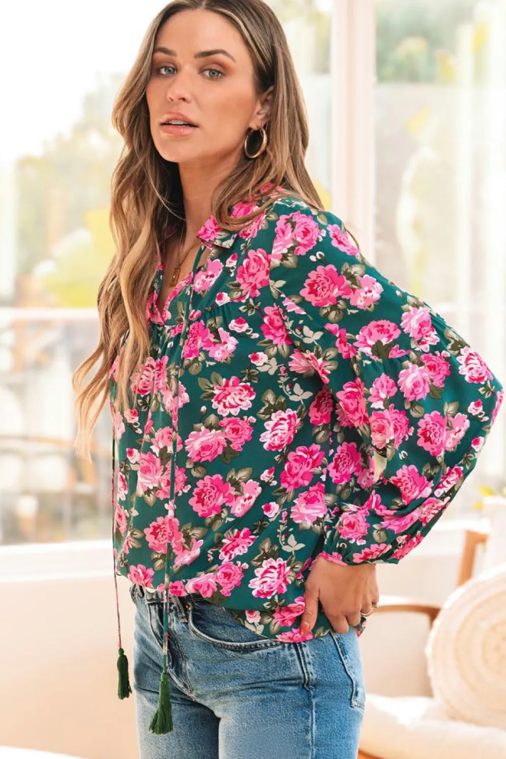 Best Dear-Lover Floral Printed Tied Collar Puff Sleeve Blouse Green
