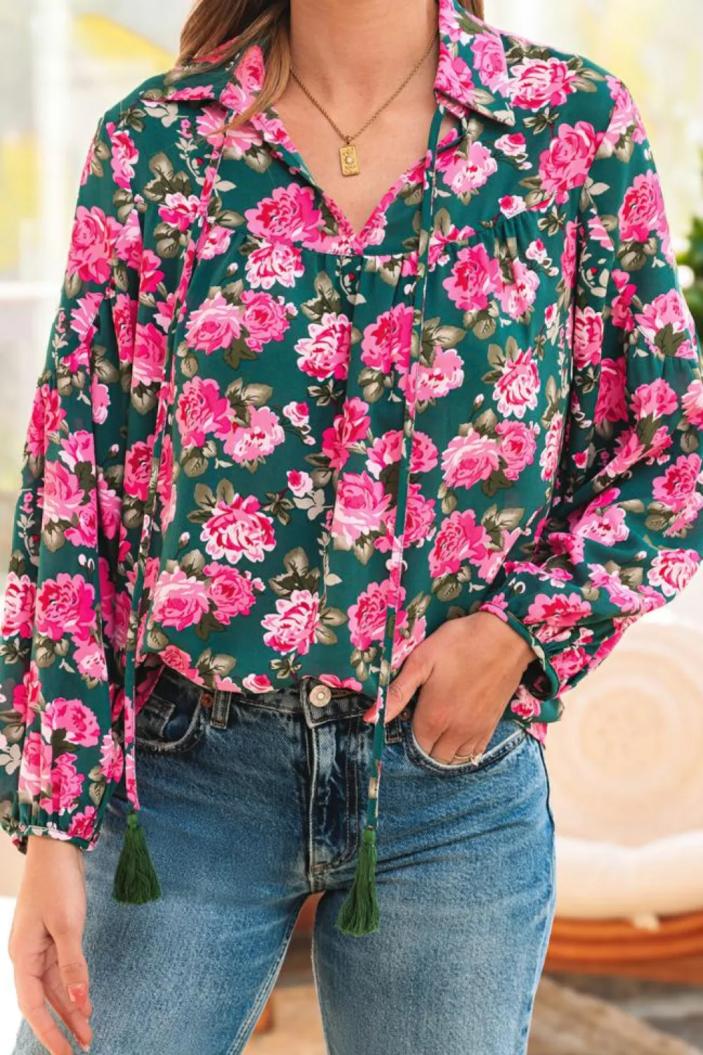 Best Dear-Lover Floral Printed Tied Collar Puff Sleeve Blouse Green