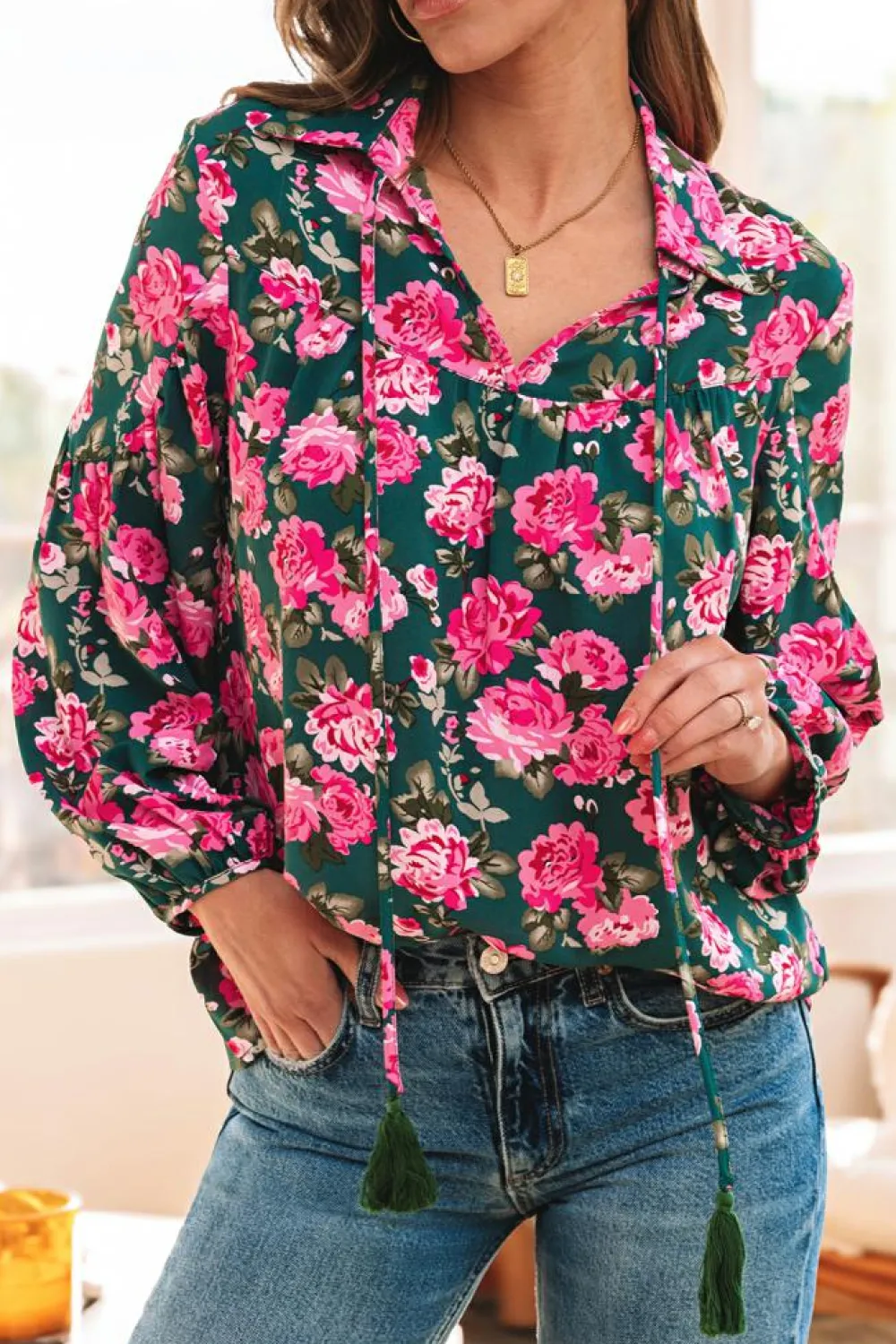 Best Dear-Lover Floral Printed Tied Collar Puff Sleeve Blouse Green