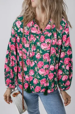 Best Dear-Lover Floral Printed Tied Collar Puff Sleeve Blouse Green