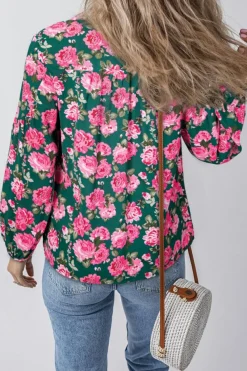 Best Dear-Lover Floral Printed Tied Collar Puff Sleeve Blouse Green