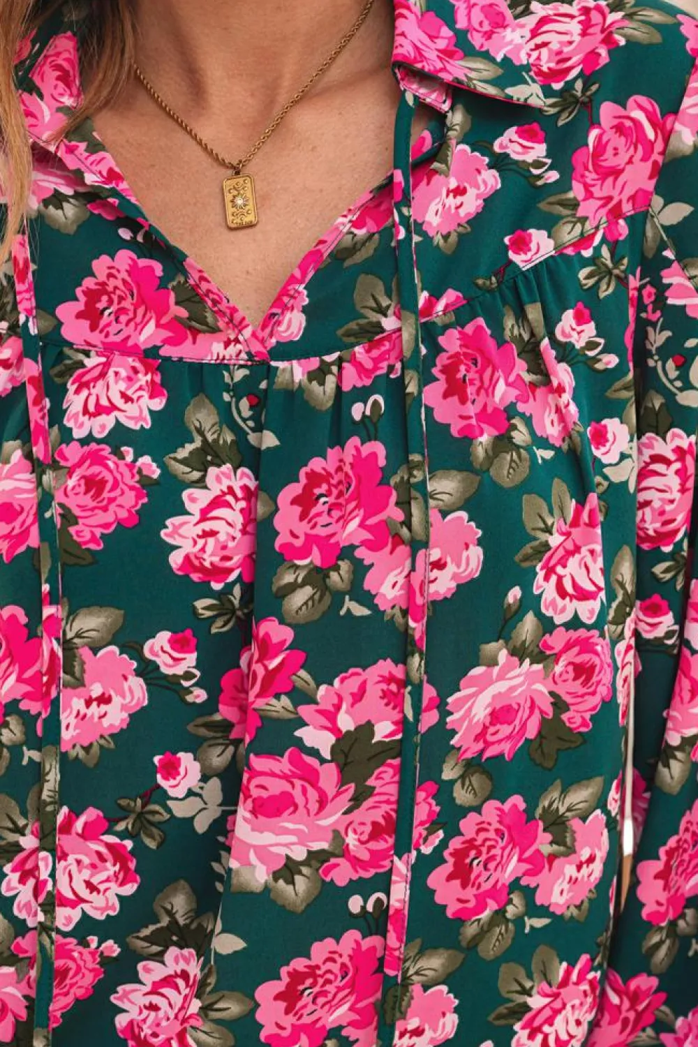Best Dear-Lover Floral Printed Tied Collar Puff Sleeve Blouse Green