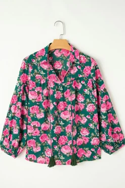 Best Dear-Lover Floral Printed Tied Collar Puff Sleeve Blouse Green