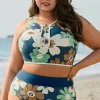 Outlet Dear-Lover Floral Printed Zipped Plus Size Two Pieces Bikini Green