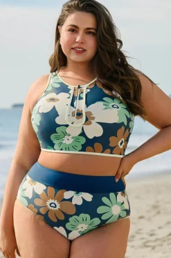 Outlet Dear-Lover Floral Printed Zipped Plus Size Two Pieces Bikini Green