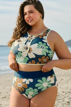 Outlet Dear-Lover Floral Printed Zipped Plus Size Two Pieces Bikini Green