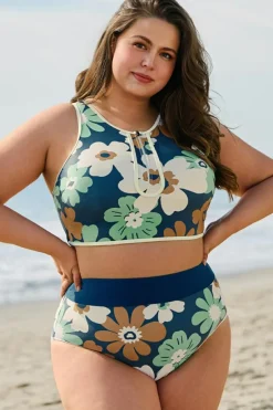 Outlet Dear-Lover Floral Printed Zipped Plus Size Two Pieces Bikini Green