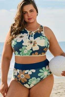 Outlet Dear-Lover Floral Printed Zipped Plus Size Two Pieces Bikini Green