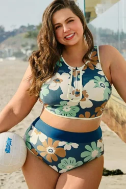 Outlet Dear-Lover Floral Printed Zipped Plus Size Two Pieces Bikini Green