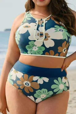Outlet Dear-Lover Floral Printed Zipped Plus Size Two Pieces Bikini Green