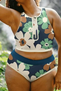 Outlet Dear-Lover Floral Printed Zipped Plus Size Two Pieces Bikini Green