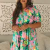 Outlet Dear-Lover Floral Puff Sleeve Collar Buttoned Babydoll Dress Green