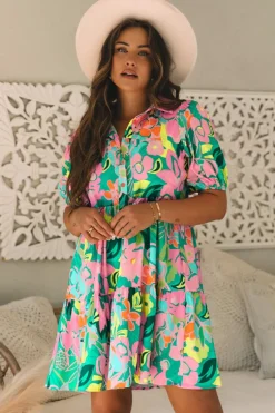 Outlet Dear-Lover Floral Puff Sleeve Collar Buttoned Babydoll Dress Green