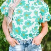 Sale Dear-Lover Floral Puff Sleeve Frilled Neckline Blouse Green