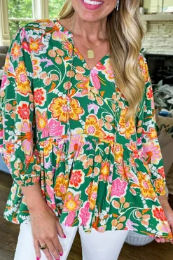 Clearance Dear-Lover Floral Puff Sleeve V Neck Peplum Blouse Green