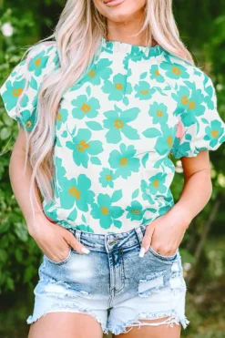 Sale Dear-Lover Floral Puff Sleeve Frilled Neckline Blouse Green
