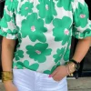Sale Dear-Lover Floral Puff Sleeve Frill Neckline Blouse Green
