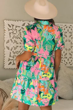 Outlet Dear-Lover Floral Puff Sleeve Collar Buttoned Babydoll Dress Green
