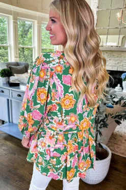 Clearance Dear-Lover Floral Puff Sleeve V Neck Peplum Blouse Green