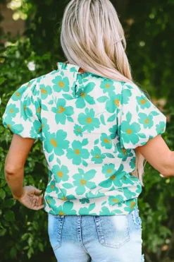 Sale Dear-Lover Floral Puff Sleeve Frilled Neckline Blouse Green
