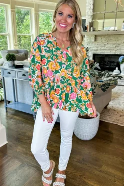 Clearance Dear-Lover Floral Puff Sleeve V Neck Peplum Blouse Green