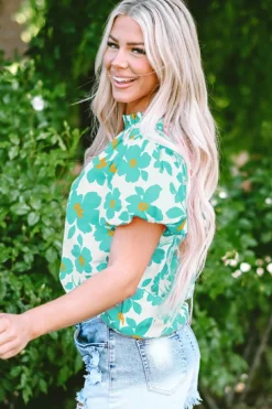 Sale Dear-Lover Floral Puff Sleeve Frilled Neckline Blouse Green