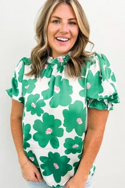 Sale Dear-Lover Floral Puff Sleeve Frill Neckline Blouse Green