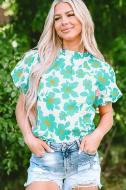 Sale Dear-Lover Floral Puff Sleeve Frilled Neckline Blouse Green