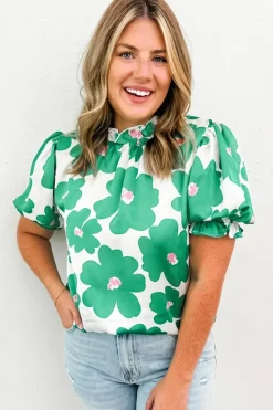 Sale Dear-Lover Floral Puff Sleeve Frill Neckline Blouse Green