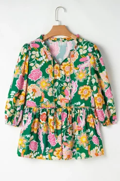 Clearance Dear-Lover Floral Puff Sleeve V Neck Peplum Blouse Green
