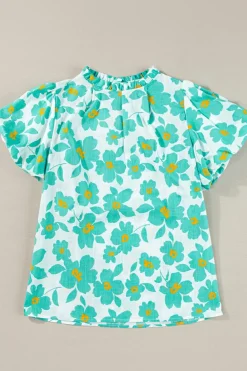 Sale Dear-Lover Floral Puff Sleeve Frilled Neckline Blouse Green
