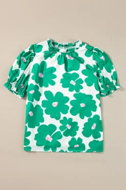 Sale Dear-Lover Floral Puff Sleeve Frill Neckline Blouse Green