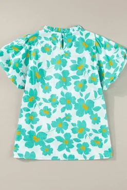 Sale Dear-Lover Floral Puff Sleeve Frilled Neckline Blouse Green